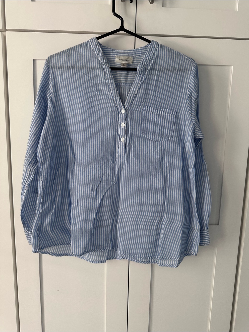 dressbarn Light Blue and White Striped Button-Up Casual Shirt